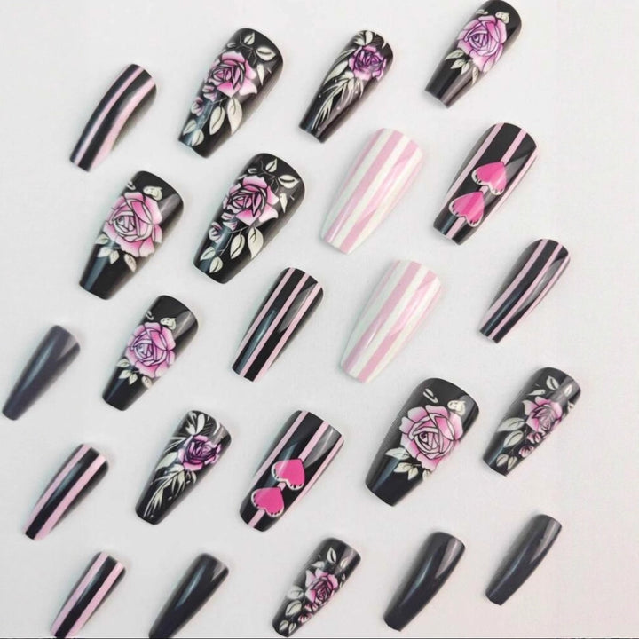 Artificial nail set with romantic rose and heart designs Stornfield