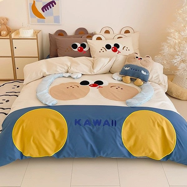 Children's Cartoon Bear Cotton Duvet Cover Bedding Set with Plush Pillow Shams
