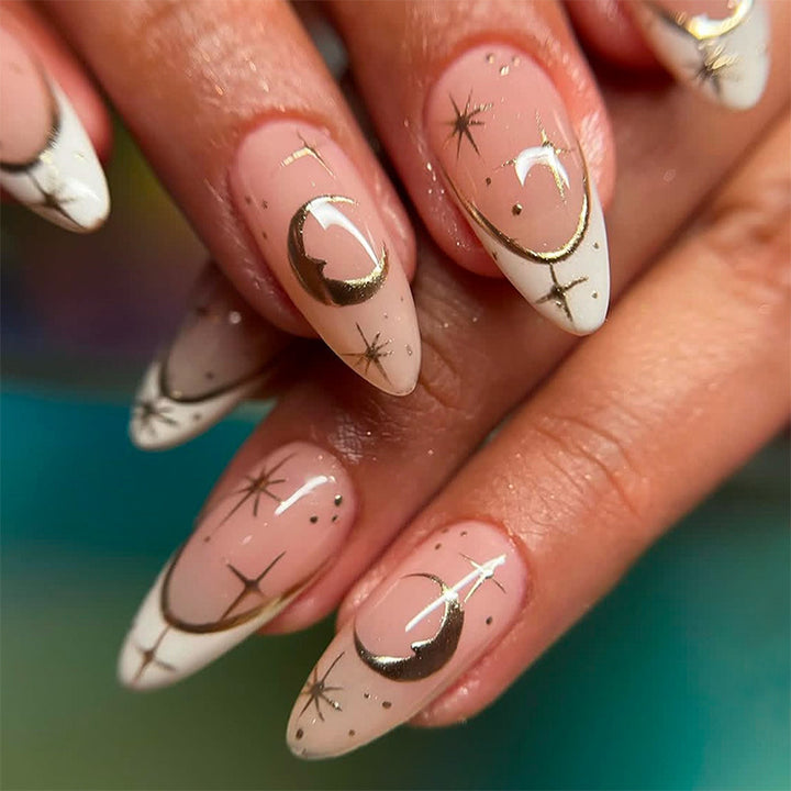 Artistic Press-On Nail Set with Geometric Moon and Star Designs Stornfield