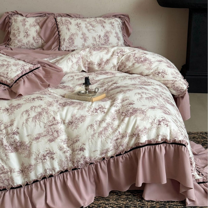 Romantic Toile-Print Ruffled Duvet Cover Set with Layered Bed Skirt