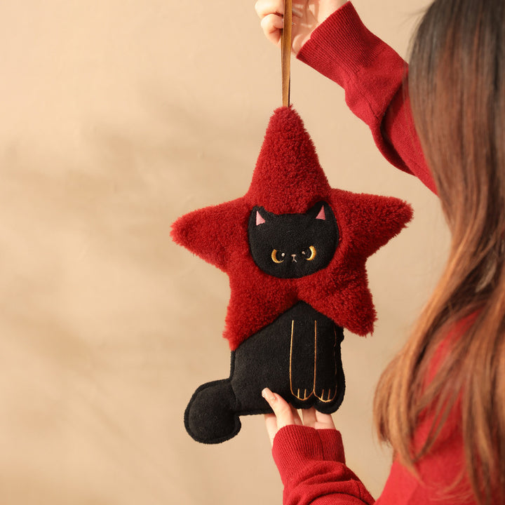 Plush pendant star shape with cat motif, cuddly teddy texture and hanging ribbon
