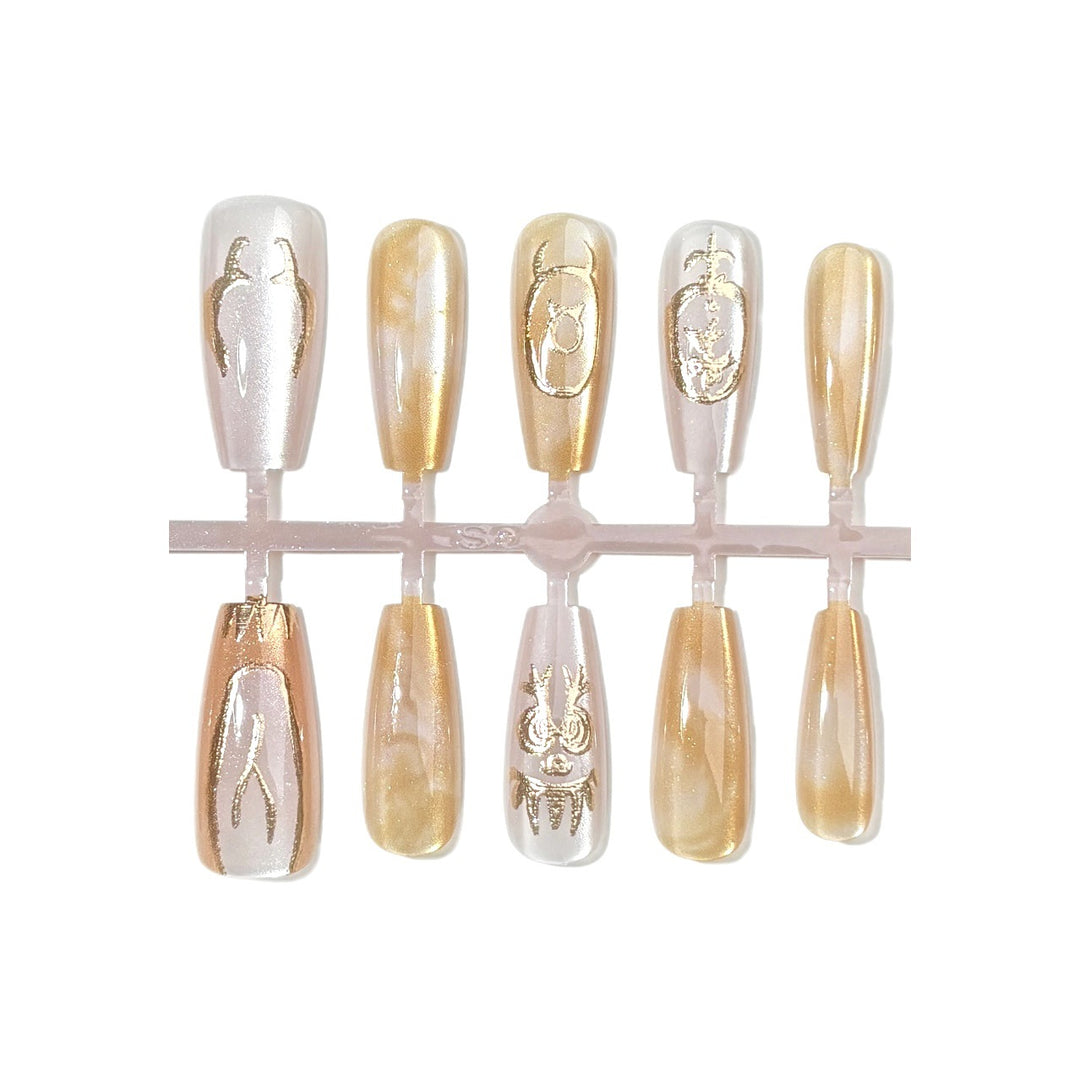 Elegant Press-On Nail Art Set with Gold Accents