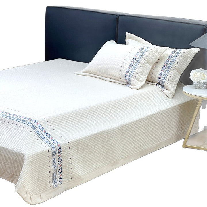 Embroidered Quilted Cotton Coverlet Set with Pillow Shams and Geometric Border