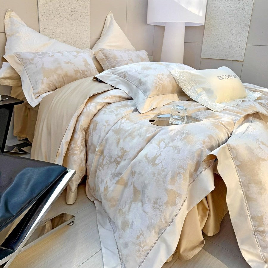 Luxury Jacquard Floral Duvet Cover Set with Decorative Hem and Pillow Shams