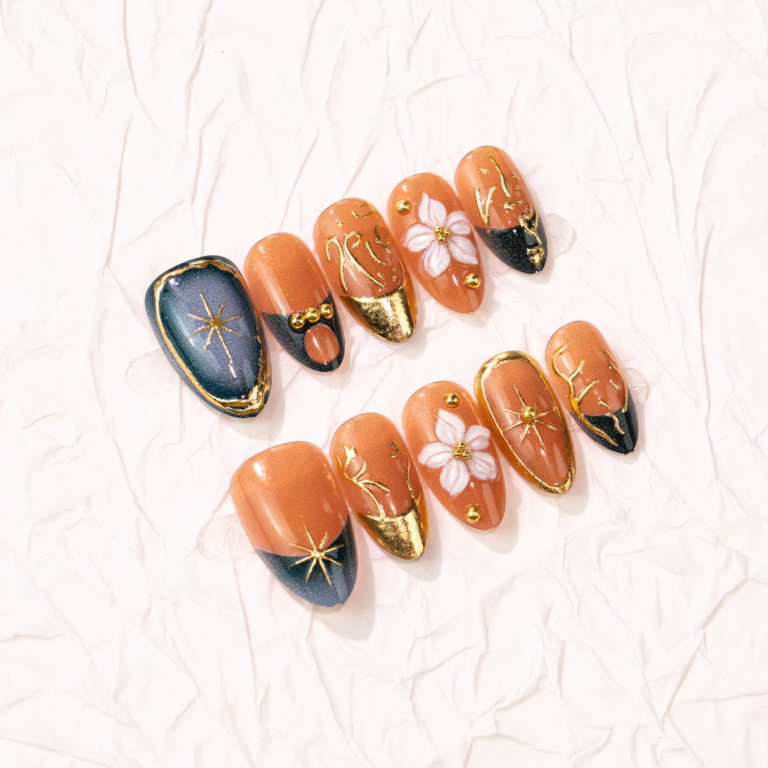Artistic Floral Press-On Nail Art with Gold Accents Stornfield