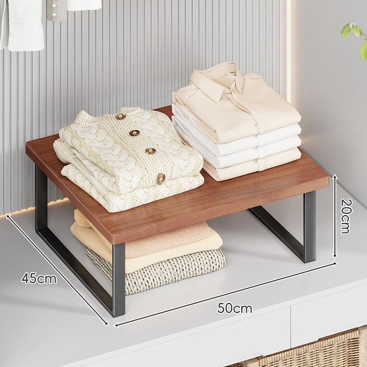 Compact Wooden-Top Metal Shelf Riser for Closet and Countertop