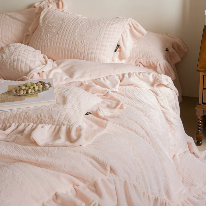 Soft Crinkle Jacquard Cotton Linen-Blend Ruffled Duvet Cover Set