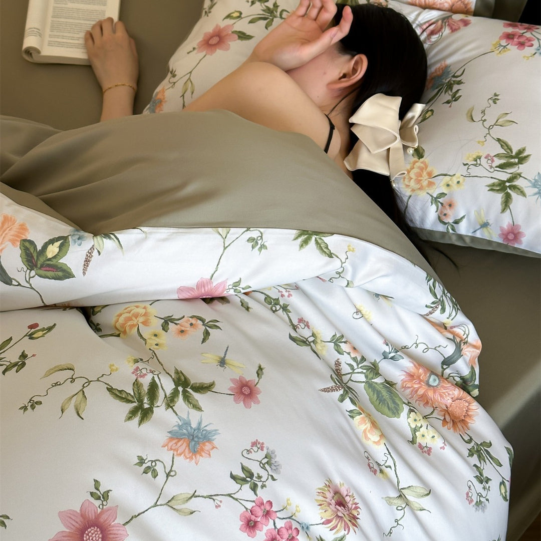 Toile-Print Cotton-Sateen Duvet Cover Set with Reversible Satin-Feel Backing