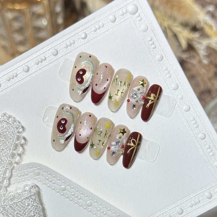 Festive Press-On Nail Art Set with Holiday Designs Stornfield