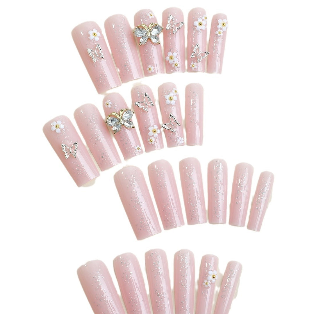 Acrylic Nail Set with Elegant 3D Flowers and Glitter Details Stornfield