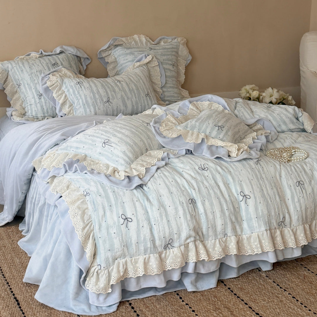 Ruffled Eyelet Lace Embroidered Cotton Duvet Cover Set