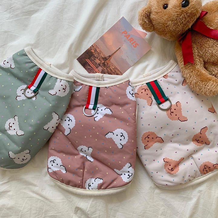 Padded Dog Coat with Faux Fur Hood, Harness D-Ring & Playful Sheep Print