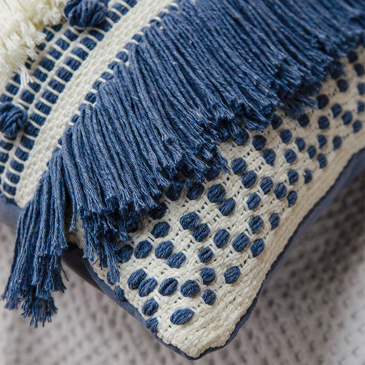 Woven decorative cushion cover with 3D dot structure and layered fringes Stornfield