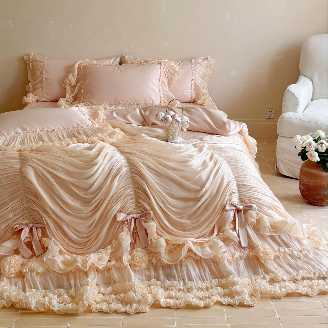 Luxury Ruched Chiffon Ruffled Duvet Cover Set with Bow & Rosette Embellishments
