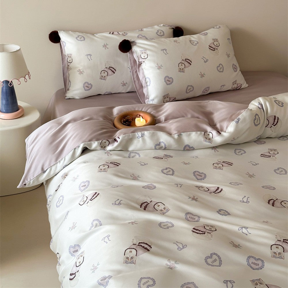 Children's bedding set with cute bunny & strawberry prints, reversible function and pom-pom cushion