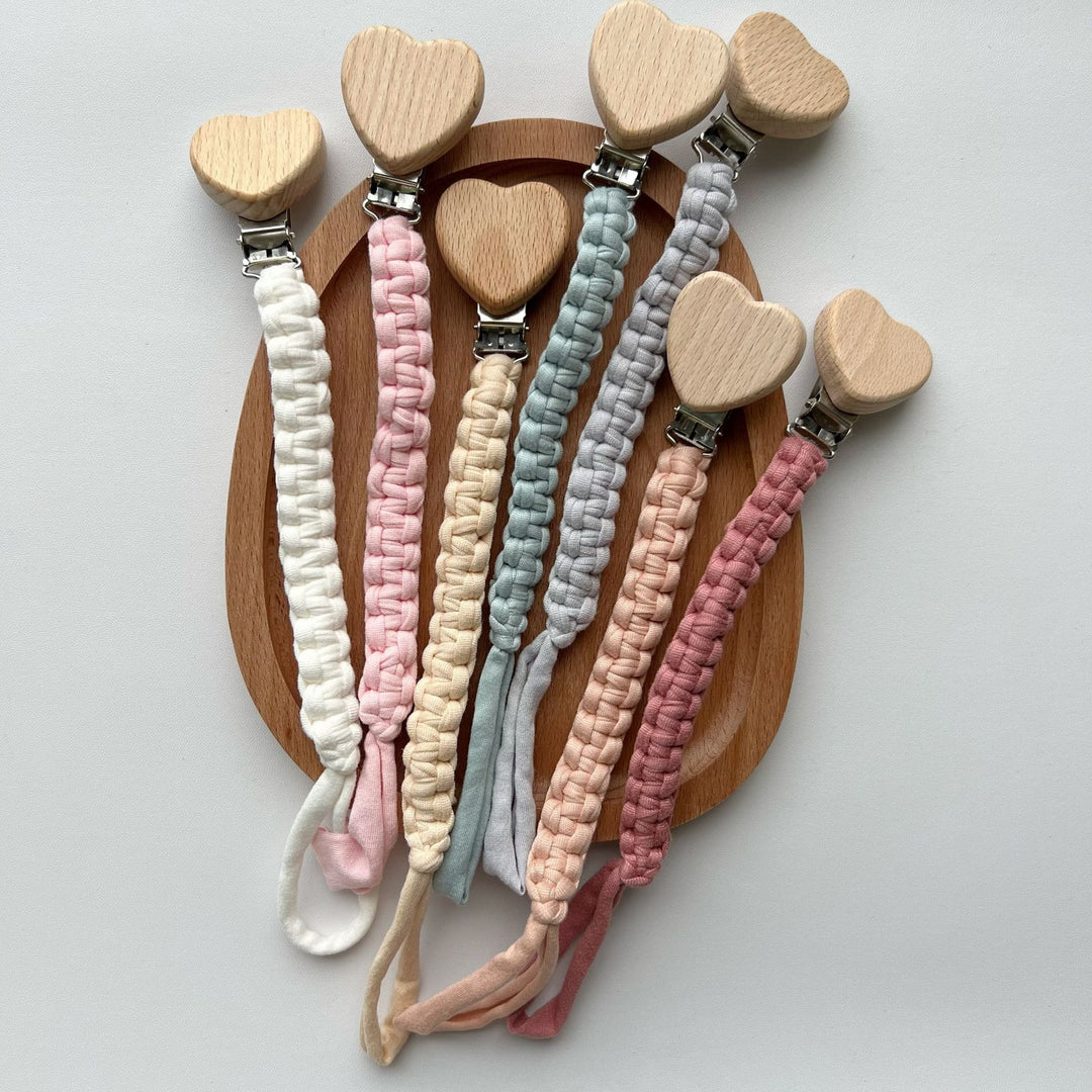 Braided Cotton Pacifier and Teether Clip with Heart Wooden Safety Clamp