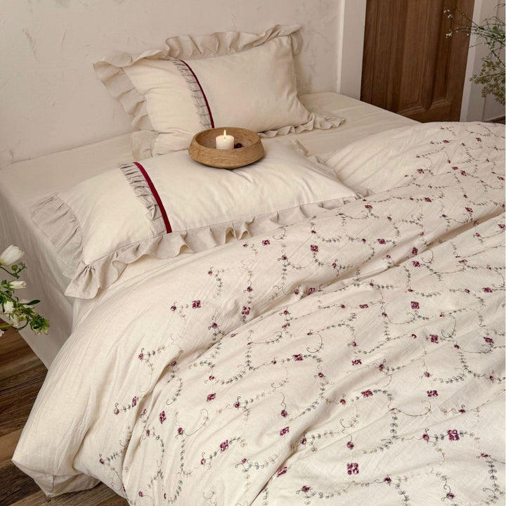 Quilted Botanical Vine Ruffled Duvet Cover & Sham Set