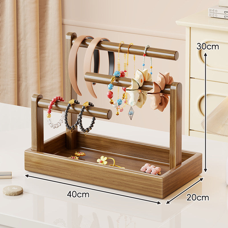 Wooden Dual-Tier Jewelry Organizer Stand with Felt-Lined Tray