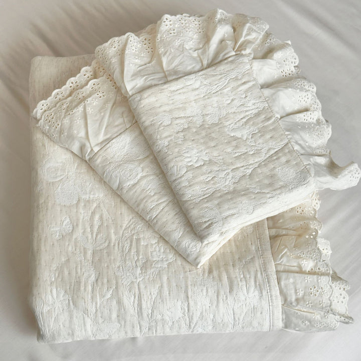 Quilted Cotton-Blend Coverlet Set with Eyelet Lace Ruffled Pillow Shams