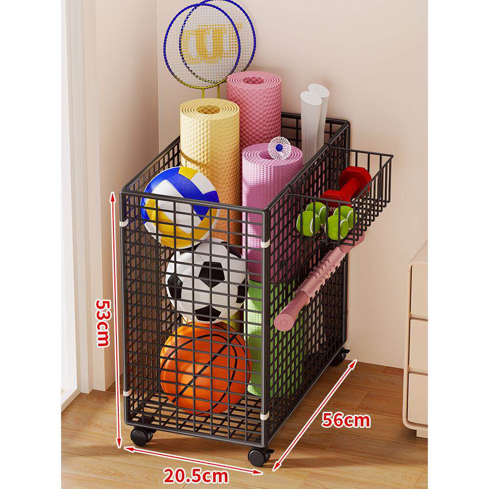 Narrow Mobile Wire Sports Gear Storage Cart for Balls and Yoga Mats with Casters