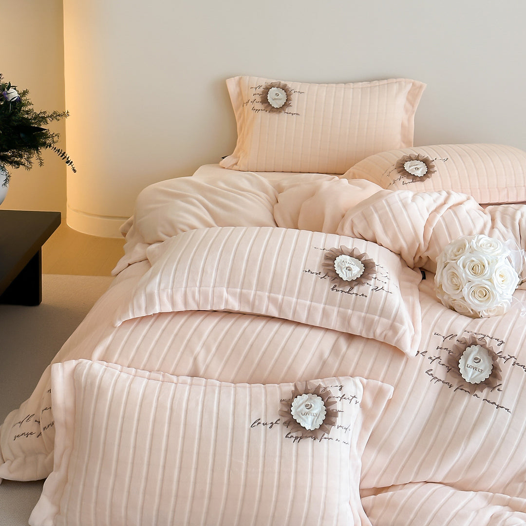 Quilted Sateen Duvet Cover Bedding Set with Appliqué Rosette & Embroidered Script