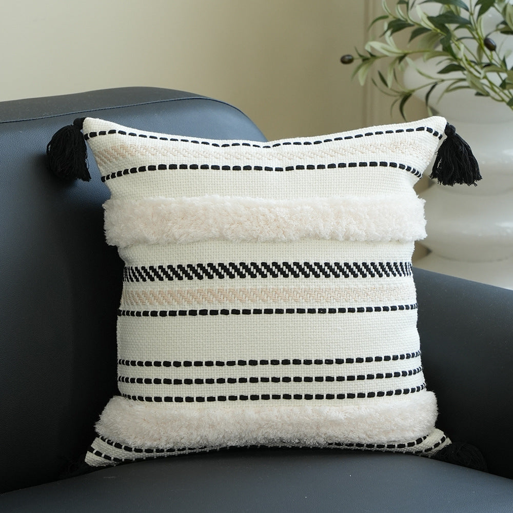 Rectangular Woven Lumbar Decorative Pillow with Tufted Diamonds and Tassels