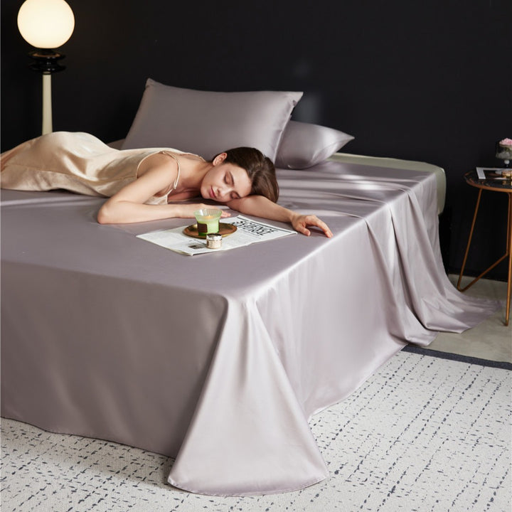 Silky Satin-Feel Long-Drop Flat Sheet and Pillowcase Set