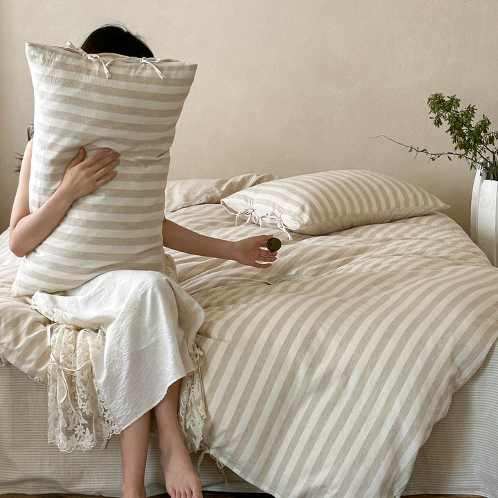 Striped Linen-Cotton Duvet Cover Set with Tied Hem