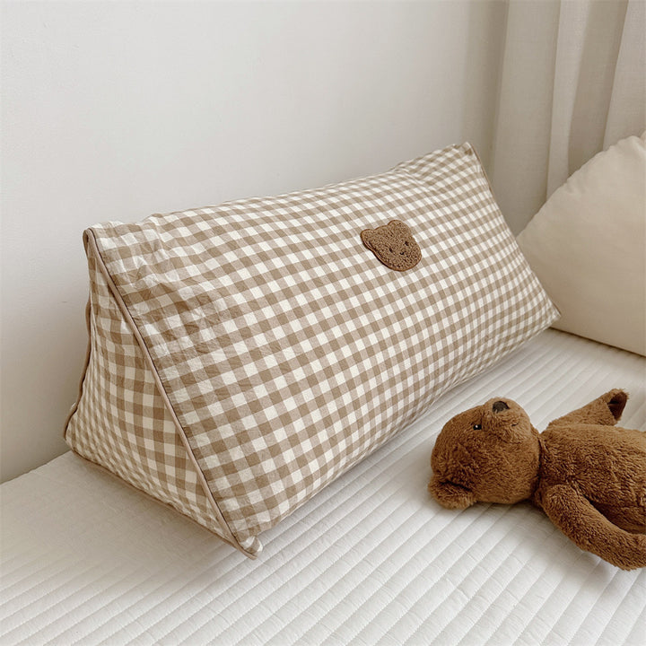 Gingham Bolster Nursery Pillow with Embroidered Daisy Appliqué Cotton Cover