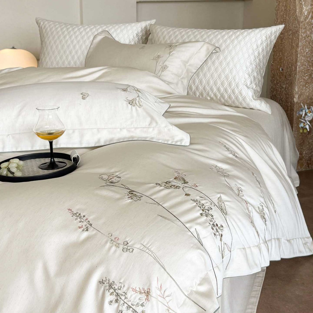Luxurious satin bedding set with fine wildflower embroidery and reversible function