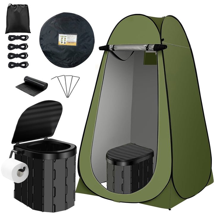 Portable pop-up privacy tent and collapsible camping toilet kit with full accessory set Stornfield