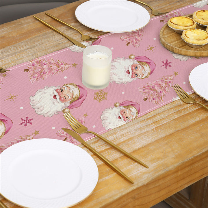 Festive Cotton-Linen Christmas Table Runner with Santa Truck and Snowman Illustration