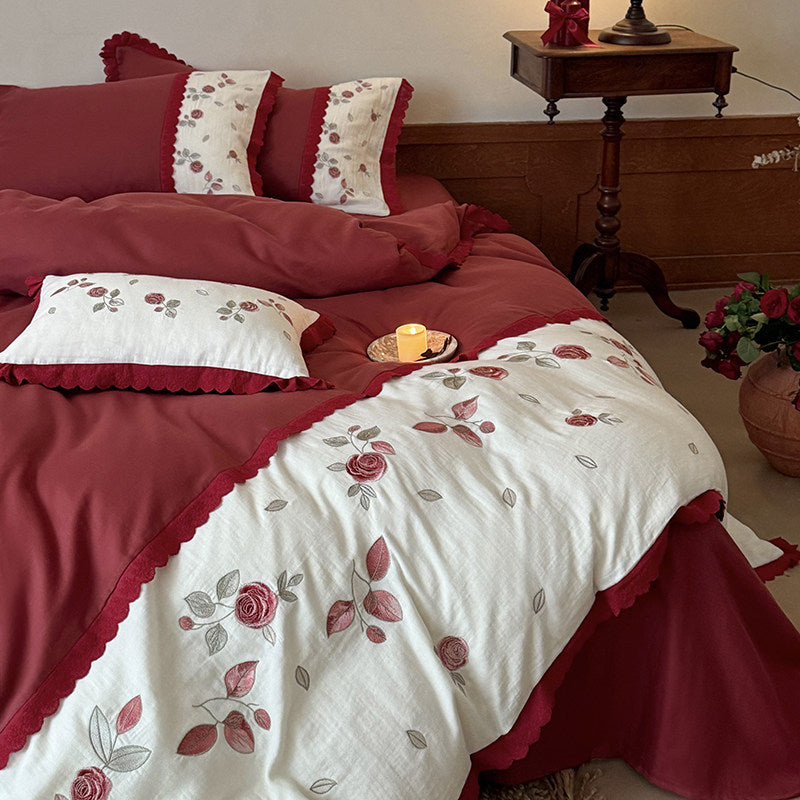 Embroidered Floral Reversible Duvet Cover Set with Ruffled Edge
