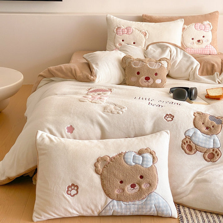 Plush Embroidered Appliqué Duvet Cover Set with Bow-Tie Shams