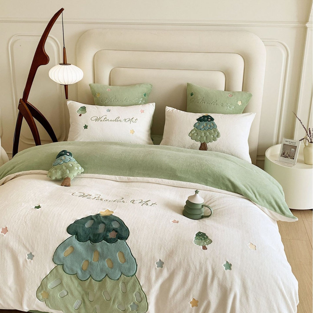 Quilted Embroidered Tree Applique Cotton Duvet Cover Set with Plush Decorative Pillowcases