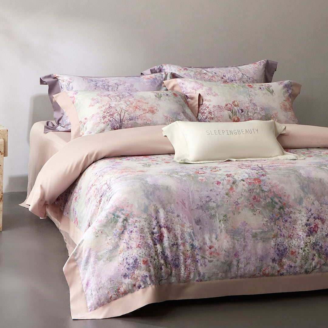 Luxury Floral Cotton Sateen Duvet Cover Set with Contrast Hem and Pillow Shams
