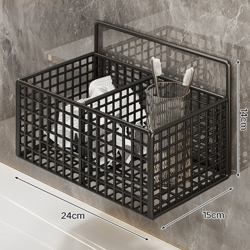 Wall-Mounted Metal Grid Bathroom Caddy with Triple Compartments Hooks and Drainable Base