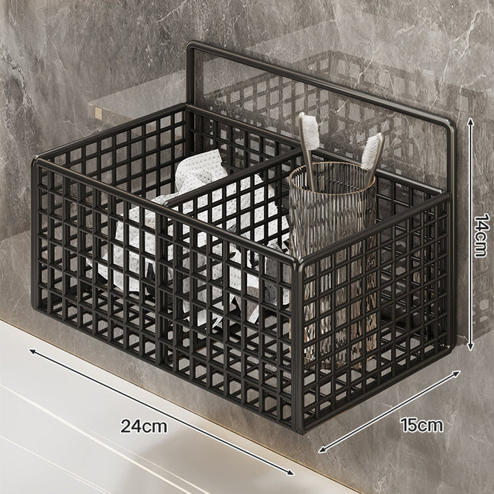 Wall-Mounted Metal Grid Bathroom Caddy with Triple Compartments Hooks and Drainable Base