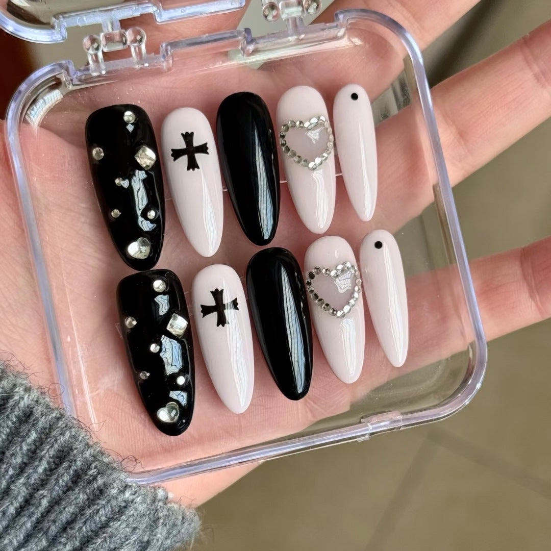 Decorative Press-On Nail Art Set with Crystal and Gothic Accents