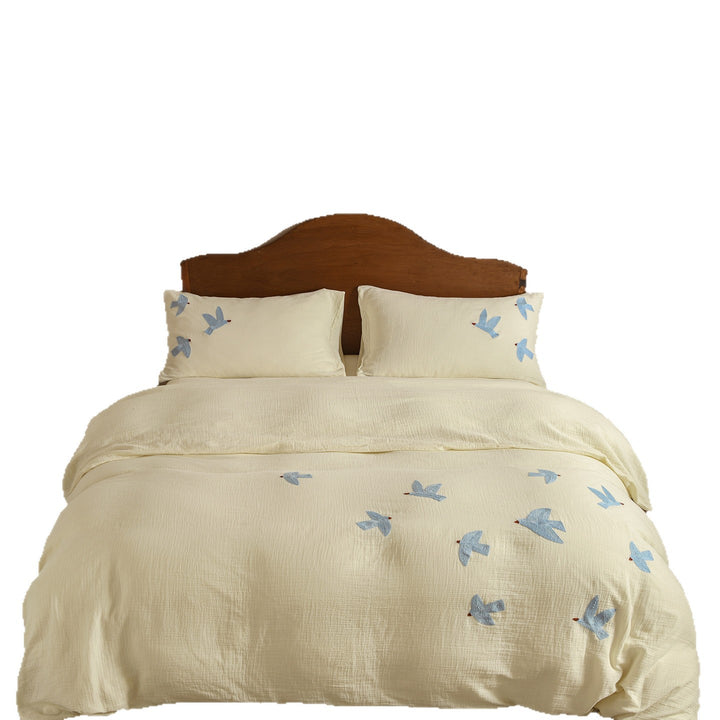 Washed Cotton Muslin Embroidered Bird Duvet Cover Set
