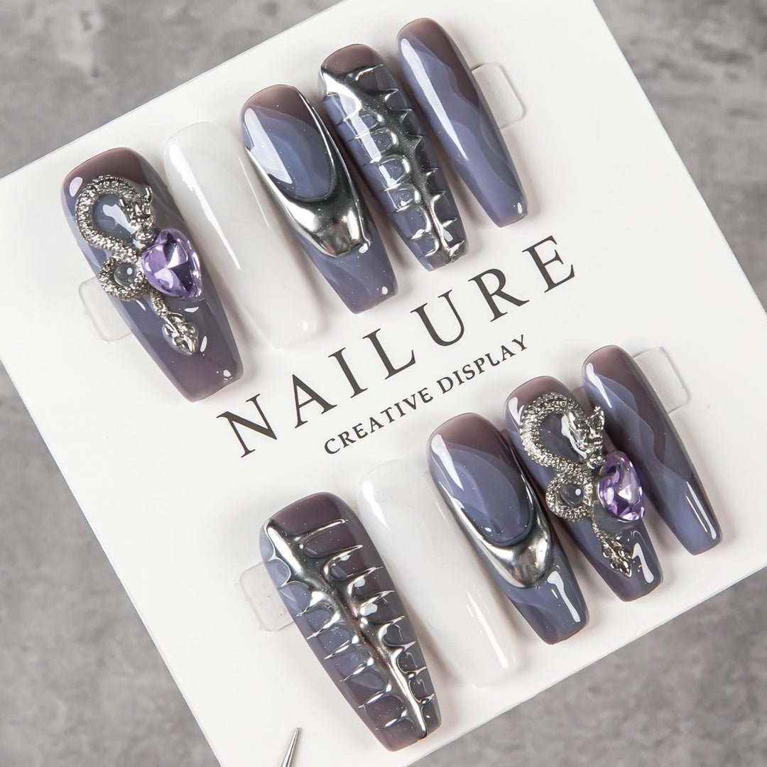 Artistic Sculpted Nail Set with Metallic Accents