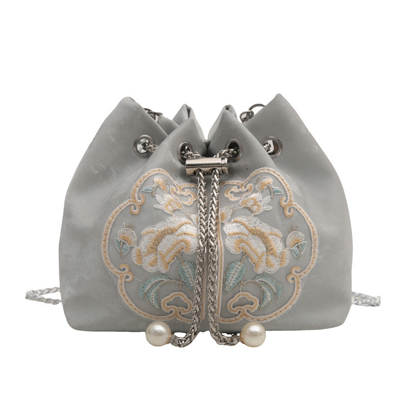 Embroidered Velvet Drawstring Handbag