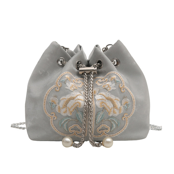 Embroidered Velvet Drawstring Handbag
