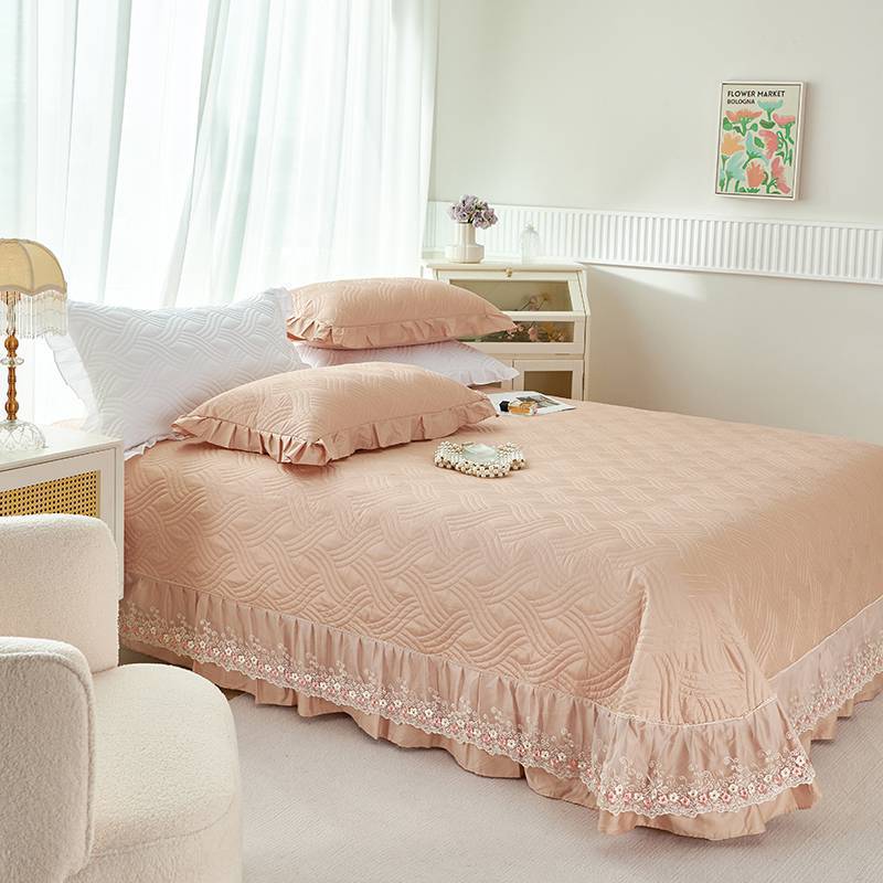 Quilted Ruffled Bedspread Set with Floral Embroidered Skirt and Pillow Shams