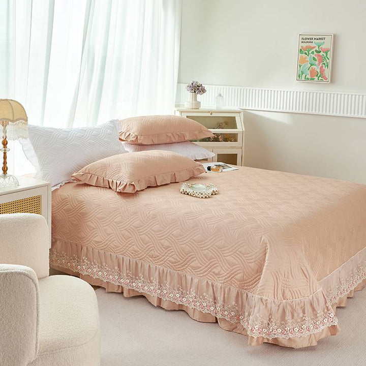Quilted Ruffled Bedspread Set with Floral Embroidered Skirt and Pillow Shams
