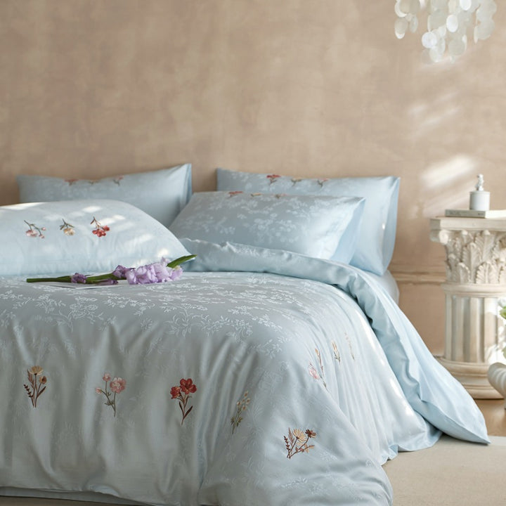 Botanical Jacquard Cotton Sateen Duvet Cover Ensemble with Delicate Sprig Embroidery and Envelope Pillowcases