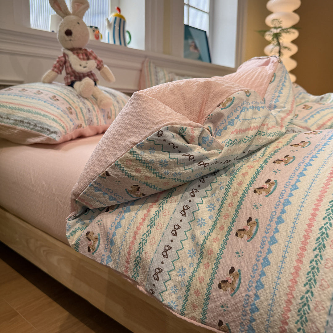 Quilted Cotton Duvet Cover Set with Nordic Reindeer Patchwork