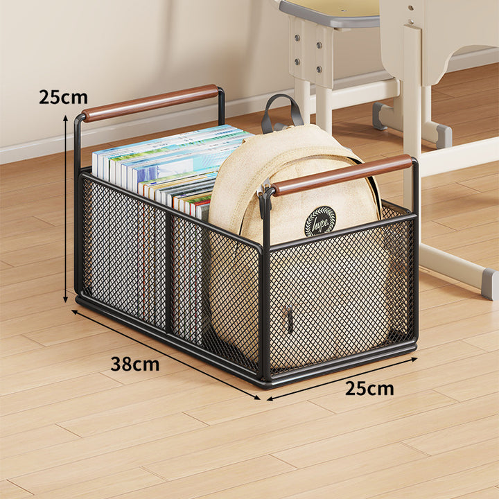 Metal Mesh Floor Storage Crate with Wooden Carry Handles
