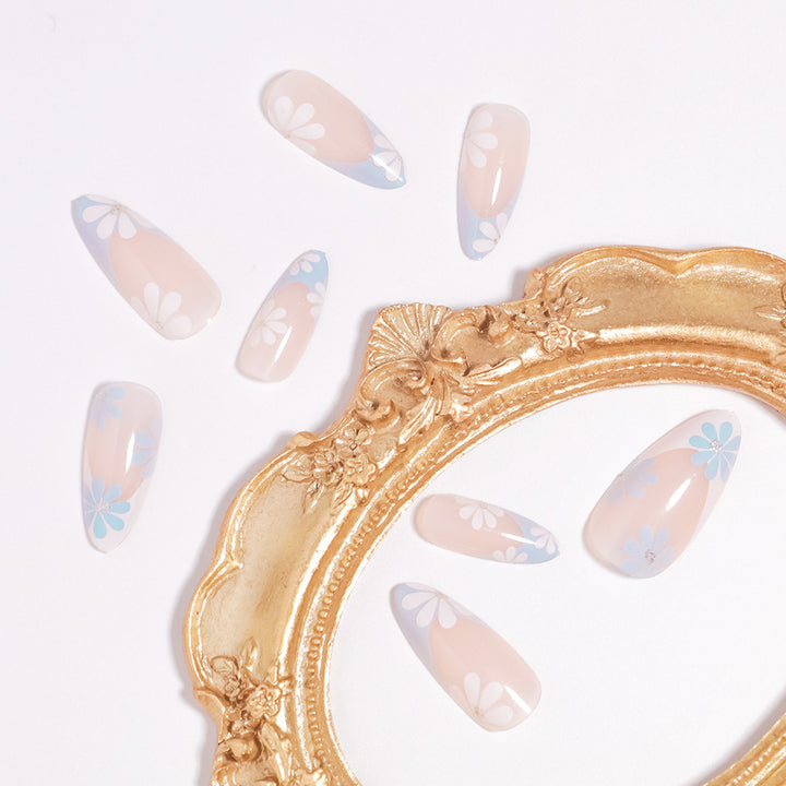 Pointed Almond-Shaped Press-On Nails with Floral Design Stornfield