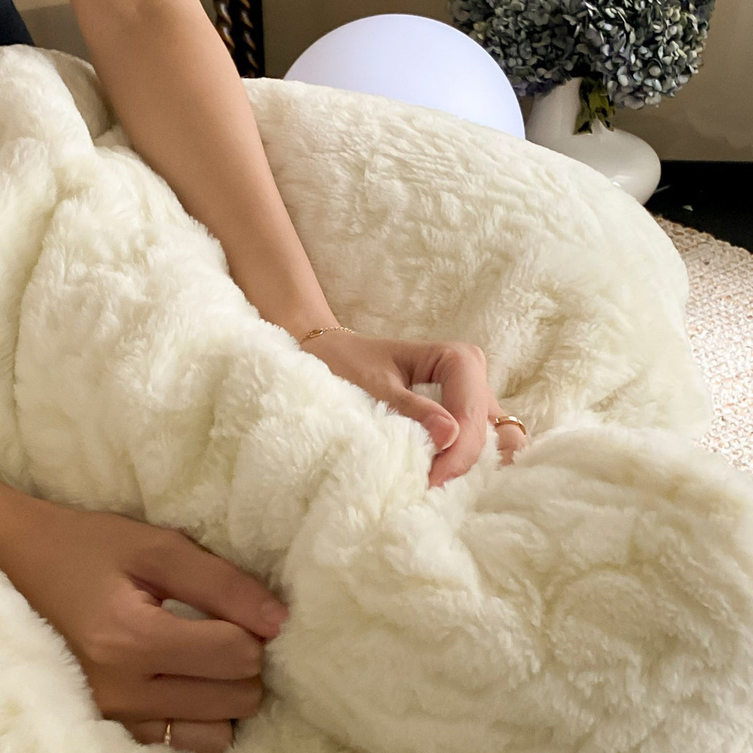 Plush Embossed Floral Sherpa Duvet Cover Set with Pom-Pom Trim